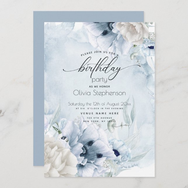 Watercolor Dusty Blue Poppy Birthday Invitation (Front/Back)