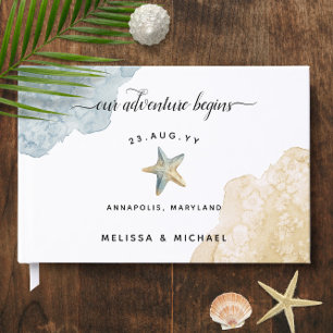 Watercolor Dusty Blue Sand Beach Wedding Starfish Guest Book