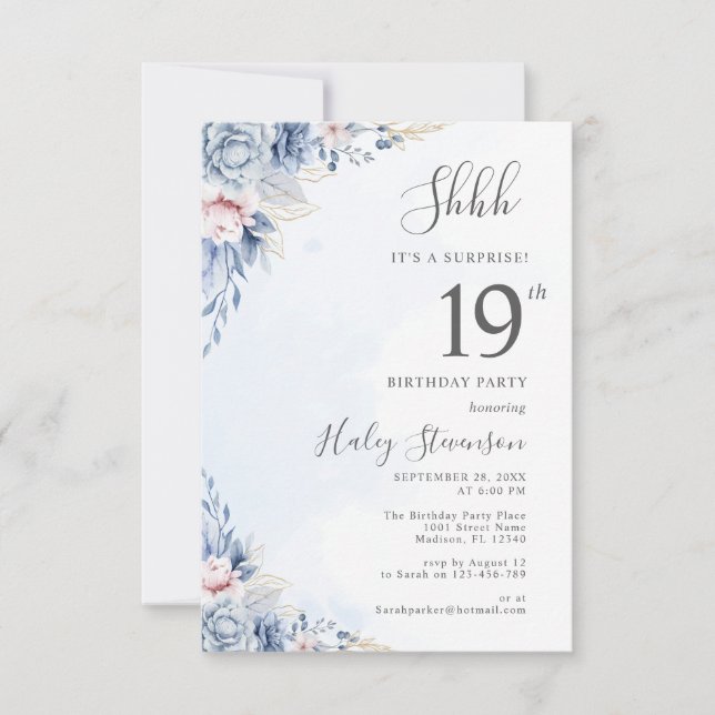 Watercolor Dusty Blue Surprise 19th Birthday Party Invitation (Front)