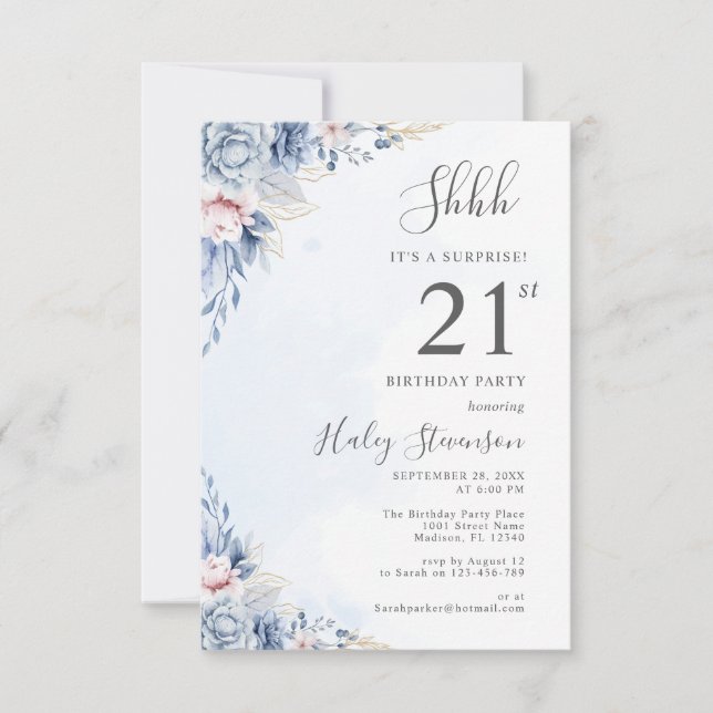 Watercolor Dusty Blue Surprise 21st Birthday Party Invitation (Front)