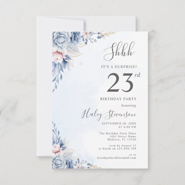 Watercolor Dusty Blue Surprise 23rd Birthday Party Invitation (Front)