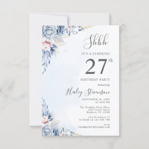 Watercolor Dusty Blue Surprise 27th Birthday Party Invitation