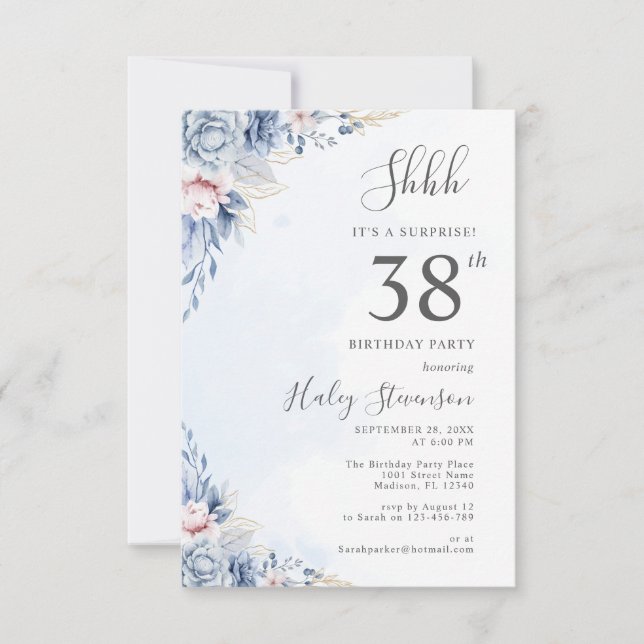 Watercolor Dusty Blue Surprise 38th Birthday Party Invitation (Front)