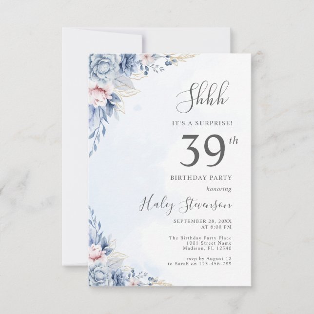 Watercolor Dusty Blue Surprise 39th Birthday Party Invitation (Front)