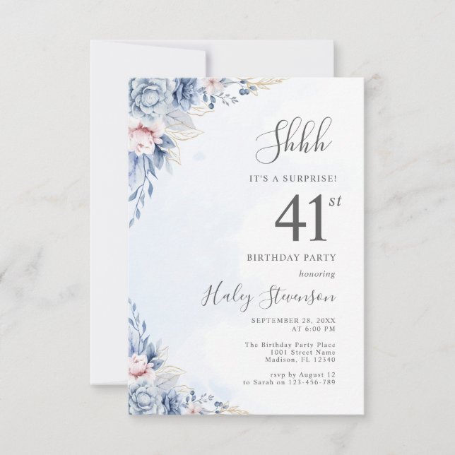 Watercolor Dusty Blue Surprise 41st Birthday Party Invitation (Front)