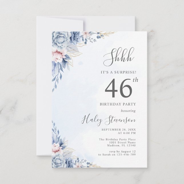 Watercolor Dusty Blue Surprise 46th Birthday Party Invitation (Front)