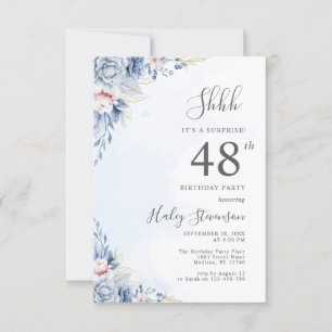 Watercolor Dusty Blue Surprise 48th Birthday Party Invitation