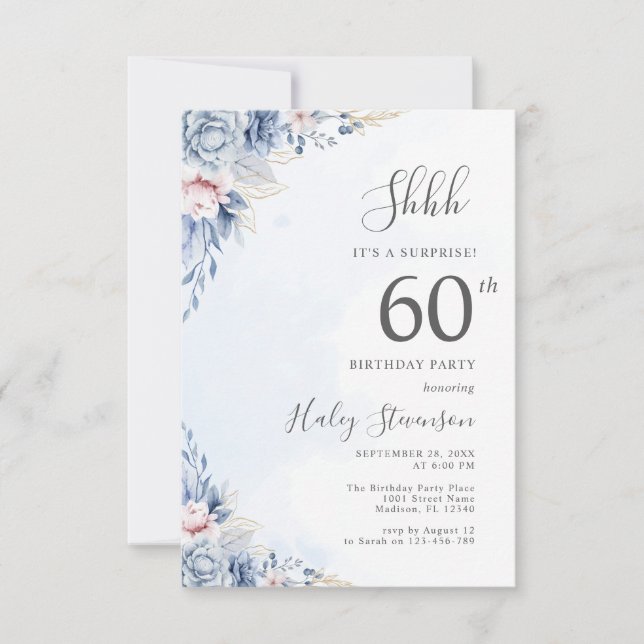 Watercolor Dusty Blue Surprise 60th Birthday Party Invitation (Front)