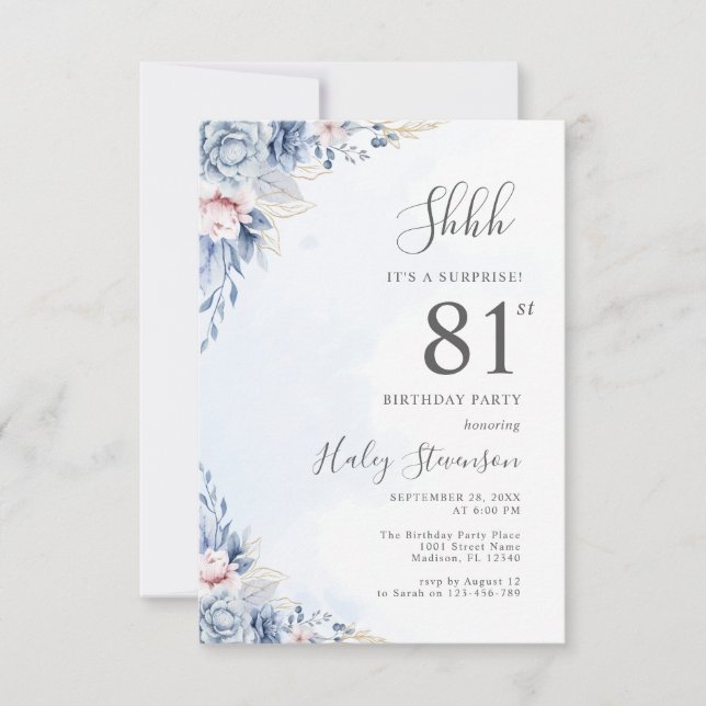 Watercolor Dusty Blue Surprise 81st Birthday Party Invitation (Front)