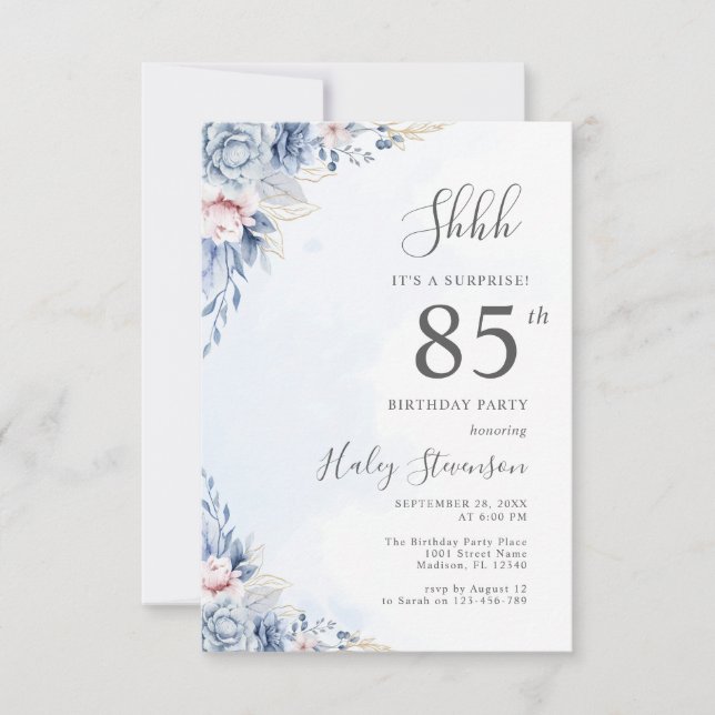 Watercolor Dusty Blue Surprise 85th Birthday Party Invitation (Front)
