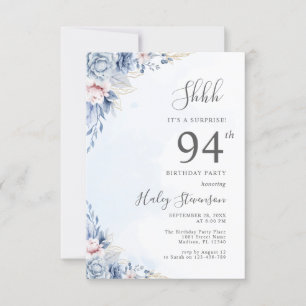 Watercolor Dusty Blue Surprise 94th Birthday Party Invitation