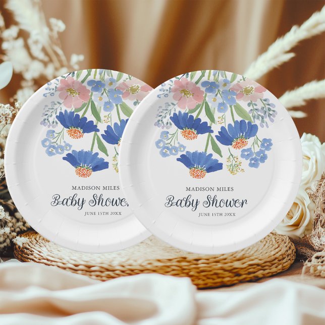 Watercolor Dusty Blue Wildflower Bouquet Baby Show Paper Plate (Creator Uploaded)