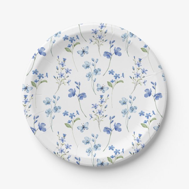 Watercolor Dusty Blue Wildflower Paper Plate (Front)