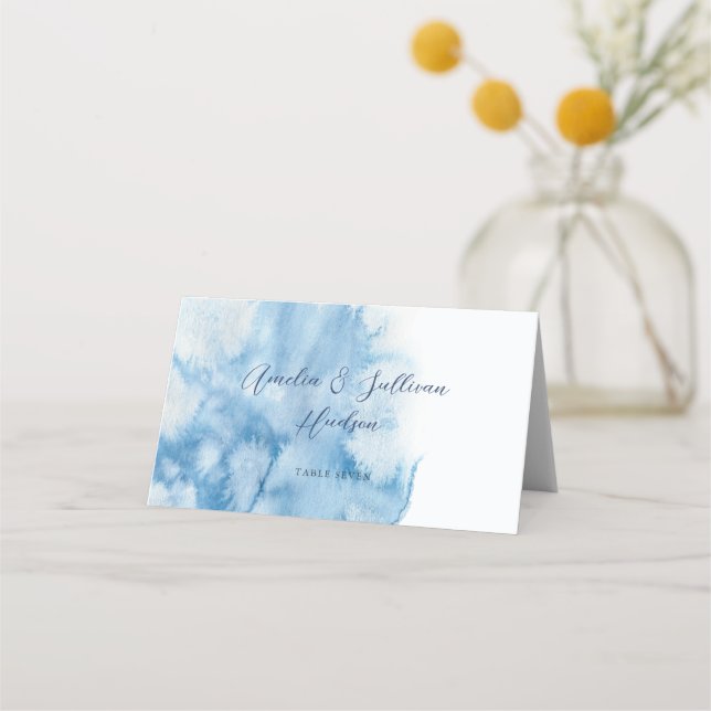 Watercolor Dusty Blue Winter Wedding Place Card (Front)
