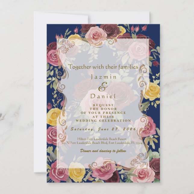 Watercolor Dusty Burgundy Yellow Roses/Blue Flat Invitation (Front)