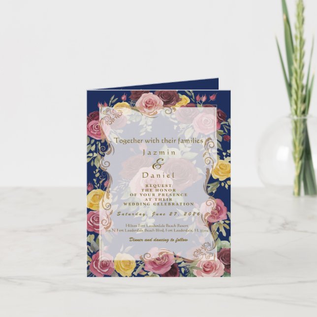 Watercolor Dusty Burgundy Yellow Roses/Blue Invitation (Front)