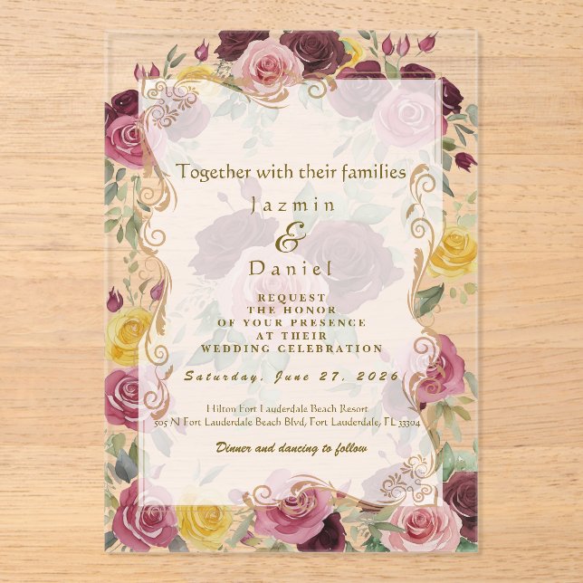 Watercolor Dusty Burgundy Yellow Roses/Clear Acrylic Invitations (Front)