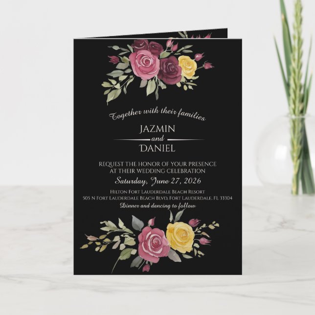  Watercolor  Dusty Country Burgundy Roses On Black Invitation (Front)