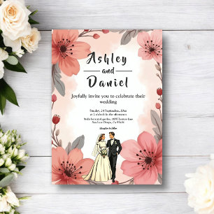 Watercolor Dusty Floral Bride And Groom Wedding Invitation