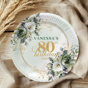 Watercolor Dusty Green 80th Birthday Botanical Paper Plate