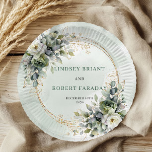 Watercolor Dusty Green Botanical Wedding Paper Plate