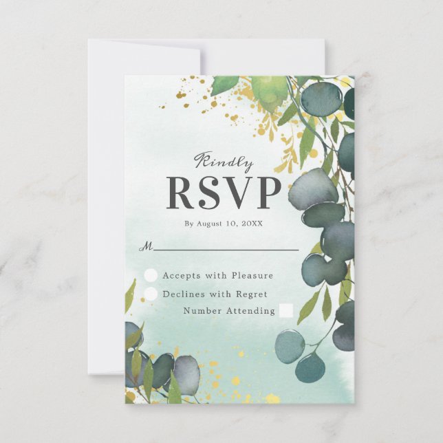 Watercolor Dusty Green Gold Wedding RSVP (Front)