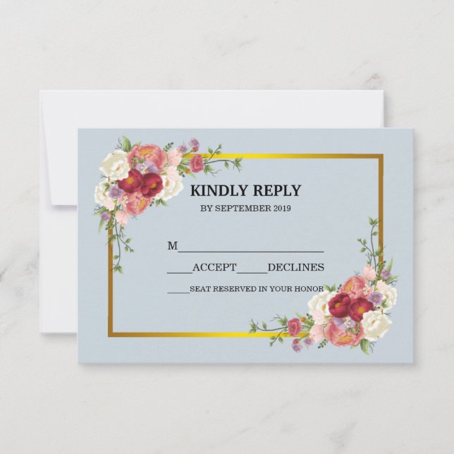 Watercolor Dusty Grey Gold Blush Peach Floral RSVP (Front)