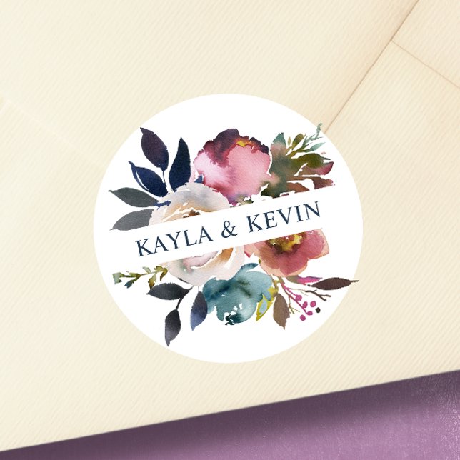 Watercolor Dusty Mauve Rose Blue Floral Wedding Classic Round Sticker (Watercolor Dusty Mauve Rose Blue Floral Wedding Classic Round Sticker)