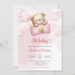 Watercolor dusty pink and ivory girl teddy bear  invitation
