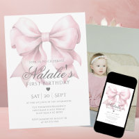 Watercolor Dusty Pink Bow Photo 1st Birthday Party