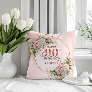 Watercolor Dusty Pink Flowers 90th Birthday Pillow