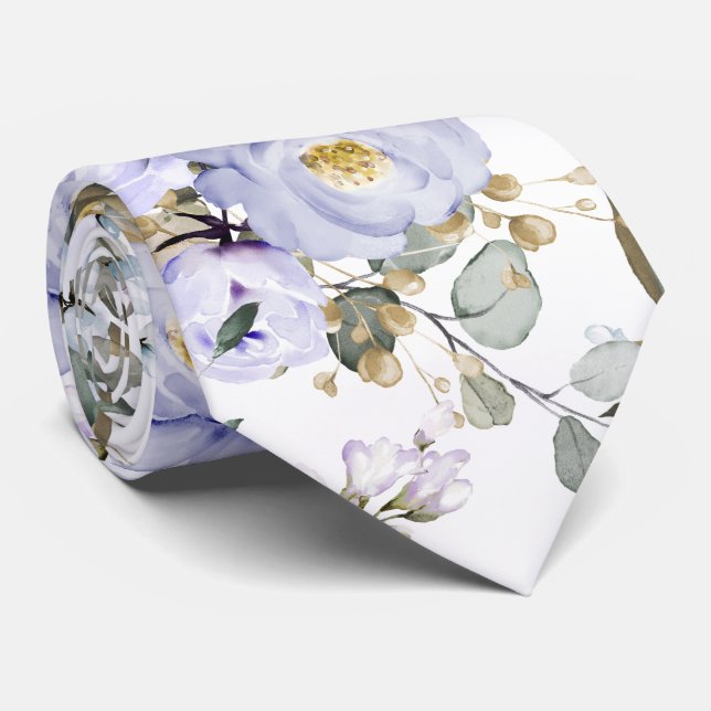 Watercolor Dusty Purple Peonies Roses Neck Tie (Rolled)