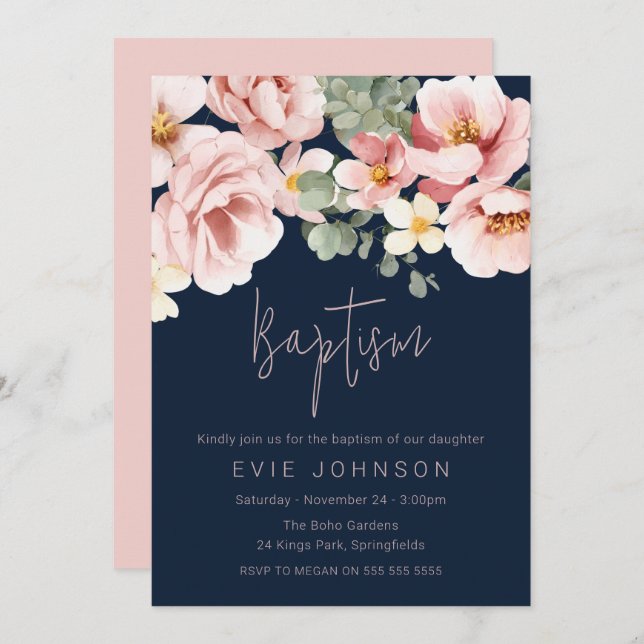 Watercolor Dusty Rose Beautiful Baptism Navy Blue Invitation (Front/Back)