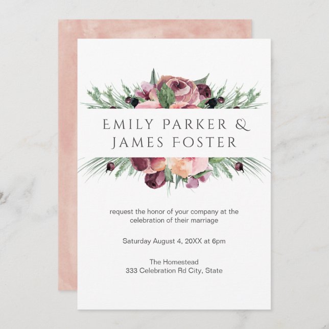Watercolor Dusty Rose Burgundy Floral Wedding Invitation (Front/Back)