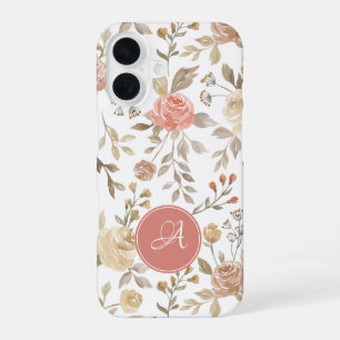 Watercolor dusty rose floral monogram iPhone 16 case