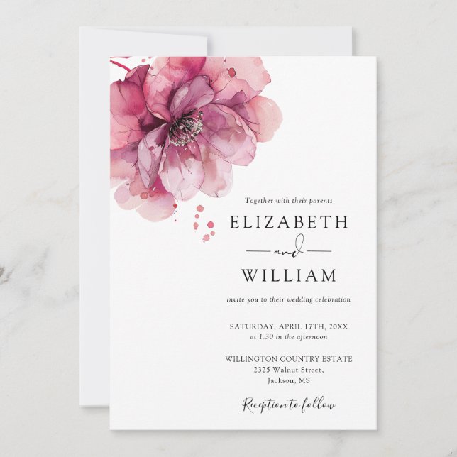 Watercolor Dusty Rose Floral QR Code Wedding Invitation (Front)