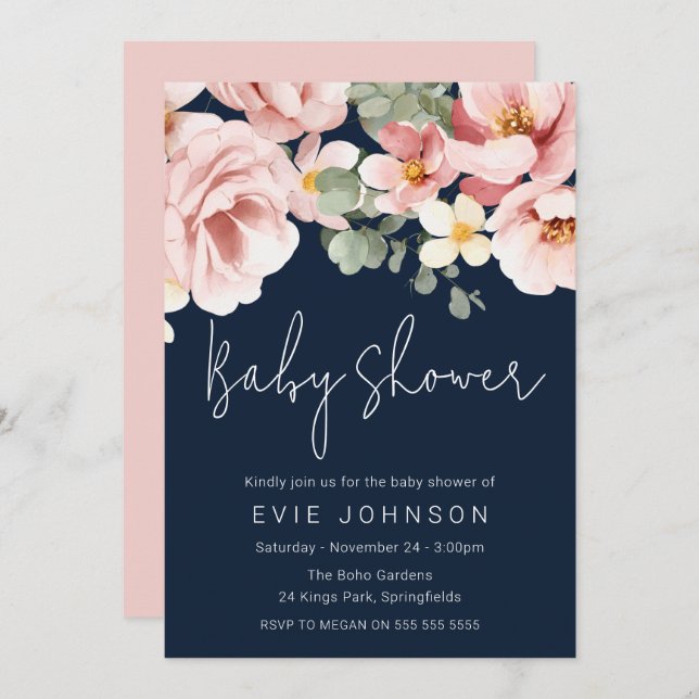 Watercolor Dusty Rose Navy Baby Shower Invitation (Front/Back)