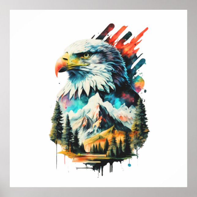 Watercolor Eagle & Mountain Landscape Art Poster (Front)