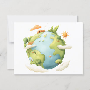 Watercolor Earth- Cartoon Earth with Nature Elemen Postcard