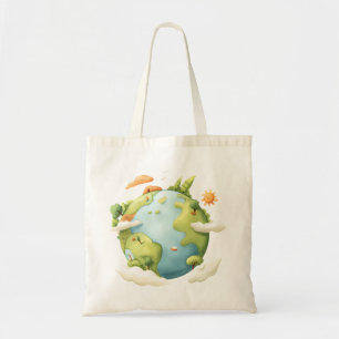 Watercolor Earth- Cartoon Earth with Nature Elemen Tote Bag