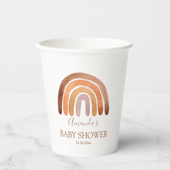 Watercolor Earthy Tone Boho Rainbow Baby Shower  Paper Cups (Front)