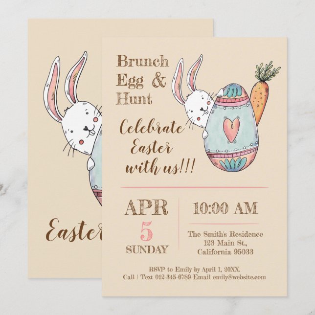 Watercolor Easter Brunch and Egg Hunt Invitation. Invitation (Front/Back)