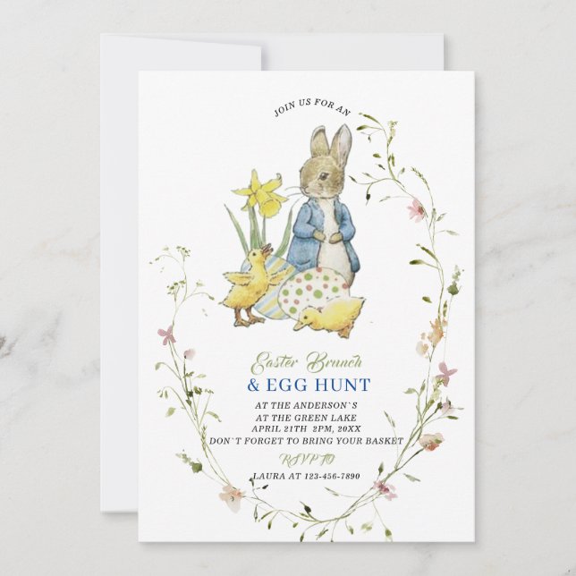Watercolor Easter Brunch and Egg Hunt Peter Rabbit Invitation (Front)