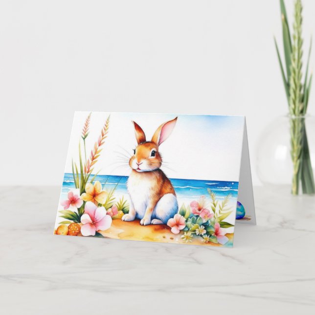 Watercolor Easter Bunny Beach Holiday Card (Front)