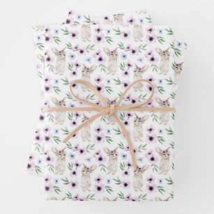 Watercolor Easter Bunny Floral Pattern Gift White Wrapping Paper Sheet