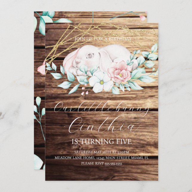 Watercolor Easter Bunny Girl Floral Birthday Wood Invitation (Front/Back)