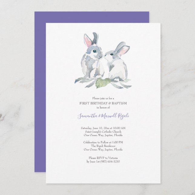 Watercolor Easter Bunny Invitations Twins Birthday (Front/Back)
