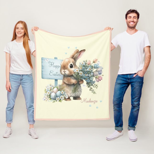 Watercolor Easter Bunny Personalised Fleece Blanket (In Situ)