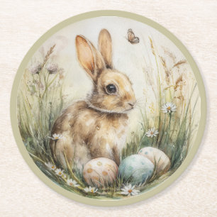 Watercolor Easter Bunny Spring Meadow Floral Art Round Paper Coaster