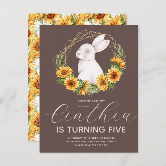 Watercolor Easter Bunny Sunflower Florals Invitation (Front/Back)